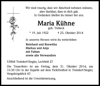 Anzeige von Maria Kühne von Kölner Stadt-Anzeiger / Kölnische Rundschau / Express