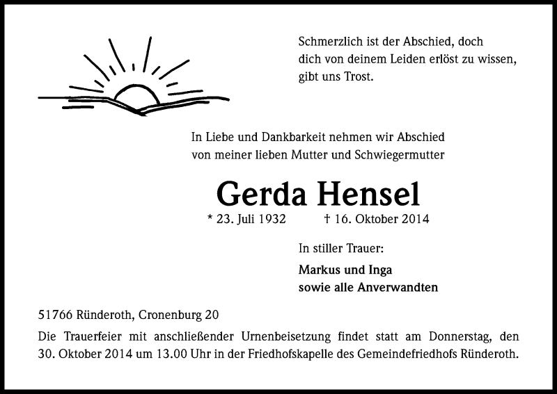 Traueranzeige für Gerda Hensel vom 25.10.2014 aus Kölner Stadt-Anzeiger / Kölnische Rundschau / Express