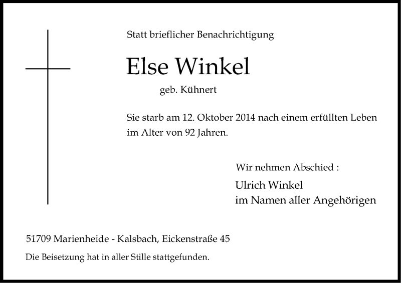  Traueranzeige für Else Winkel vom 25.10.2014 aus Kölner Stadt-Anzeiger / Kölnische Rundschau / Express
