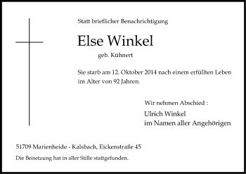 Anzeige von Else Winkel von Kölner Stadt-Anzeiger / Kölnische Rundschau / Express