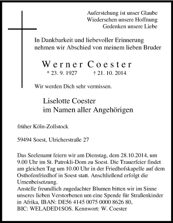 Anzeige von Werner Coester von Kölner Stadt-Anzeiger / Kölnische Rundschau / Express