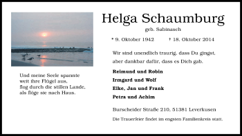 Anzeige von Helga Schaumburg von Kölner Stadt-Anzeiger / Kölnische Rundschau / Express