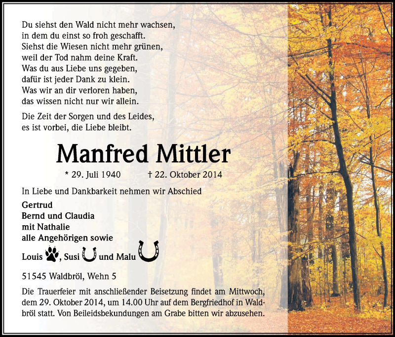  Traueranzeige für Manfred Mittler vom 25.10.2014 aus Kölner Stadt-Anzeiger / Kölnische Rundschau / Express