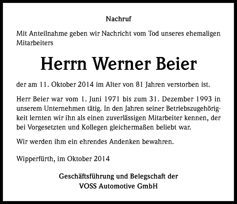  Traueranzeige für Werner Beier vom 27.10.2014 aus Kölner Stadt-Anzeiger / Kölnische Rundschau / Express