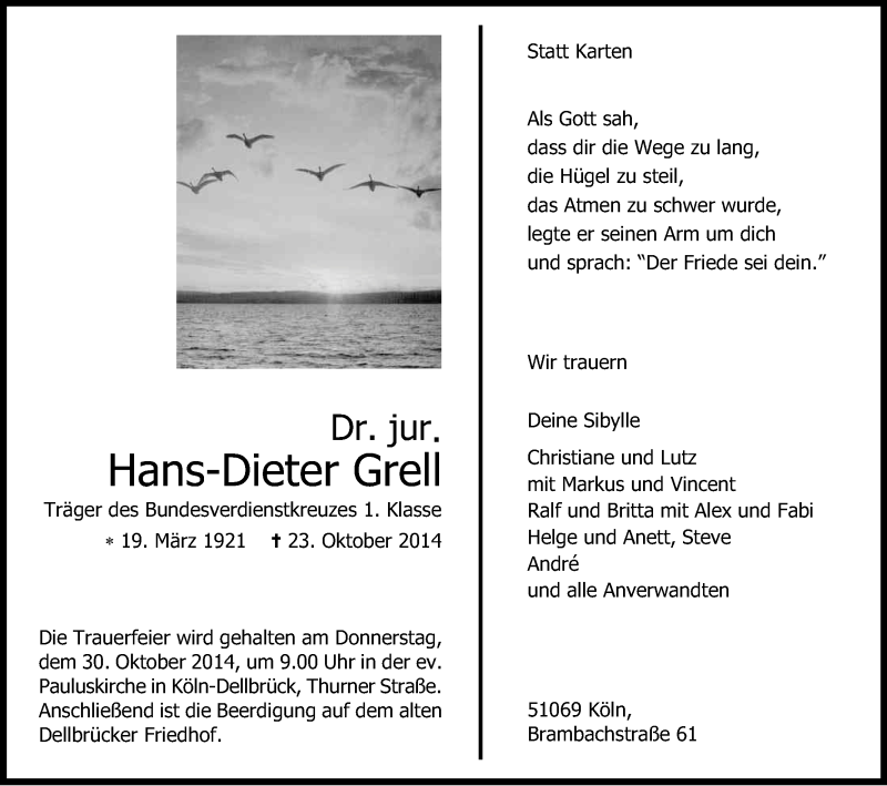  Traueranzeige für Hans-Dieter  Grell vom 27.10.2014 aus Kölner Stadt-Anzeiger / Kölnische Rundschau / Express