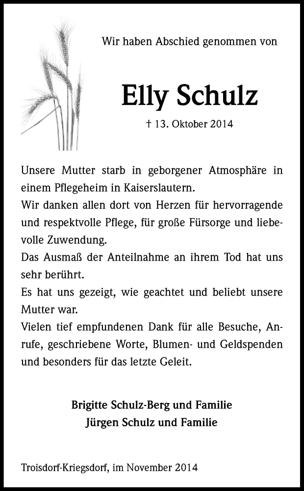  Traueranzeige für Elly Schulz vom 01.11.2014 aus Kölner Stadt-Anzeiger / Kölnische Rundschau / Express