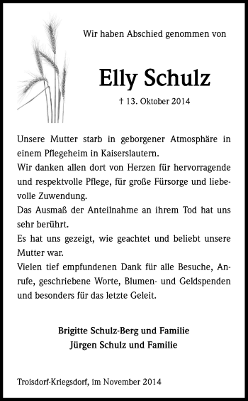 Anzeige von Elly Schulz von Kölner Stadt-Anzeiger / Kölnische Rundschau / Express
