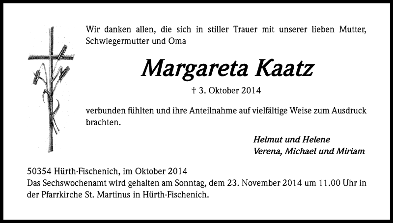  Traueranzeige für Margareta Kaatz vom 29.10.2014 aus Kölner Stadt-Anzeiger / Kölnische Rundschau / Express
