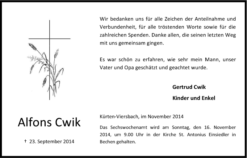  Traueranzeige für Alfons Cwik vom 08.11.2014 aus Kölner Stadt-Anzeiger / Kölnische Rundschau / Express
