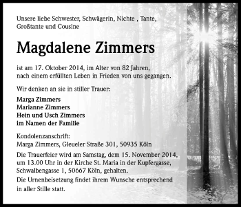 Anzeige von Magdalene Zimmers von Kölner Stadt-Anzeiger / Kölnische Rundschau / Express