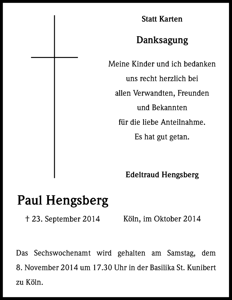 Traueranzeige für Paul Hengsberg vom 31.10.2014 aus Kölner Stadt-Anzeiger / Kölnische Rundschau / Express