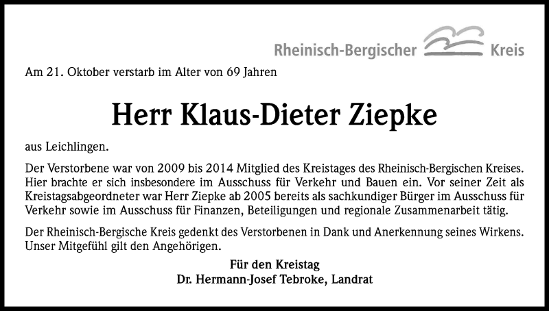  Traueranzeige für Klaus-Dieter Ziepke vom 28.10.2014 aus Kölner Stadt-Anzeiger / Kölnische Rundschau / Express