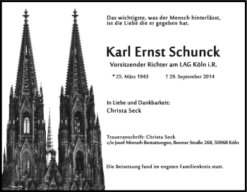 Anzeige von Karl Ernst Schunk von Kölner Stadt-Anzeiger / Kölnische Rundschau / Express
