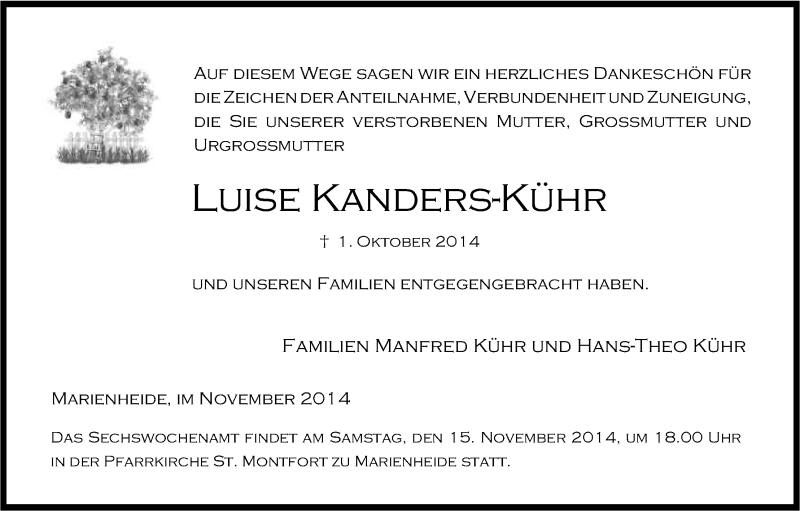  Traueranzeige für Luise Kanders-Kühr vom 12.11.2014 aus Kölner Stadt-Anzeiger / Kölnische Rundschau / Express