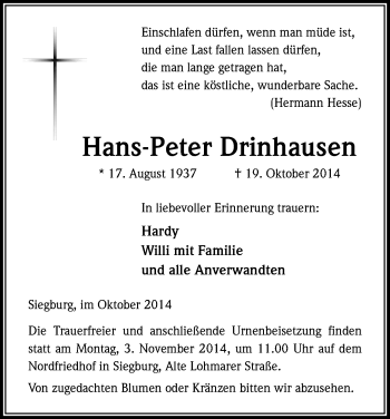 Anzeige von Hans Peter Drinhausen von Kölner Stadt-Anzeiger / Kölnische Rundschau / Express
