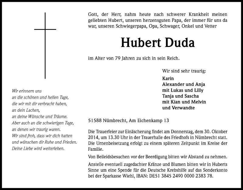  Traueranzeige für Hubert Duda vom 27.10.2014 aus Kölner Stadt-Anzeiger / Kölnische Rundschau / Express