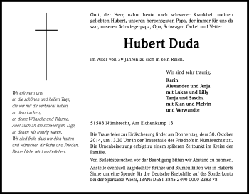 Anzeige von Hubert Duda von Kölner Stadt-Anzeiger / Kölnische Rundschau / Express