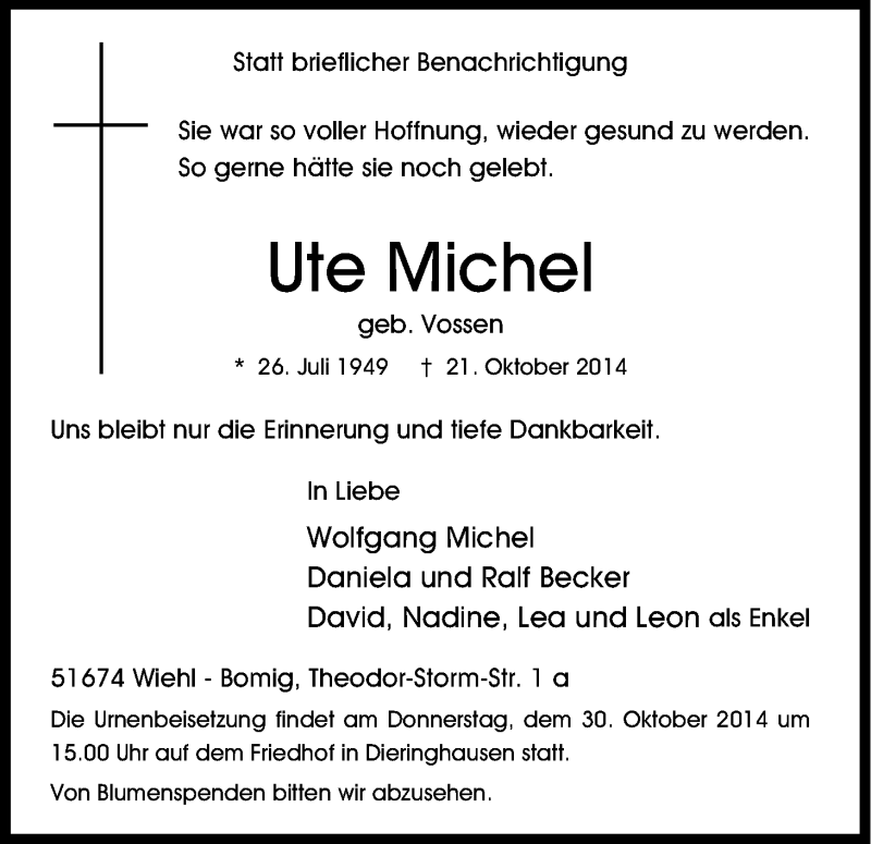  Traueranzeige für Ute Michel vom 27.10.2014 aus Kölner Stadt-Anzeiger / Kölnische Rundschau / Express