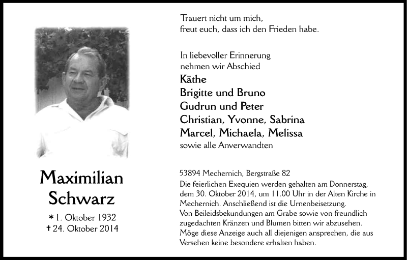  Traueranzeige für Maximilian Schwarz vom 28.10.2014 aus Kölner Stadt-Anzeiger / Kölnische Rundschau / Express
