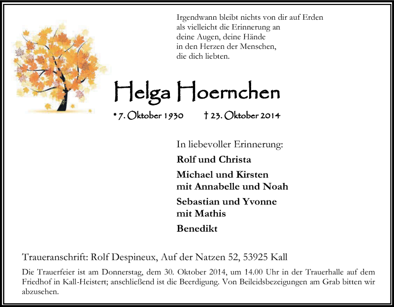  Traueranzeige für Helga Hoernchen vom 28.10.2014 aus Kölner Stadt-Anzeiger / Kölnische Rundschau / Express