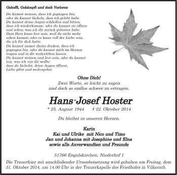 Anzeige von Hans-Josef Hoster von Kölner Stadt-Anzeiger / Kölnische Rundschau / Express