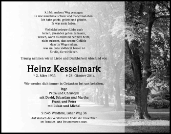 Anzeige von Heinz Kesselmark von Kölner Stadt-Anzeiger / Kölnische Rundschau / Express