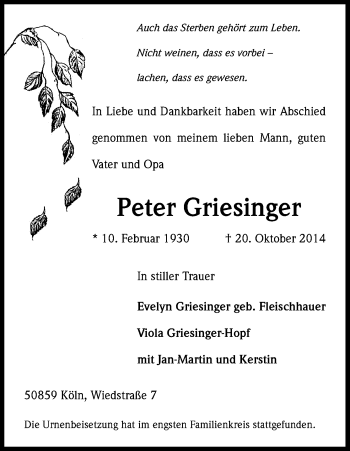Anzeige von Peter Griesinger von Kölner Stadt-Anzeiger / Kölnische Rundschau / Express