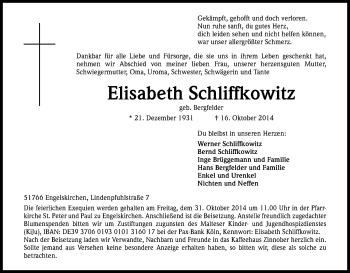 Anzeige von Elisabeth Schliffkowitz von Kölner Stadt-Anzeiger / Kölnische Rundschau / Express