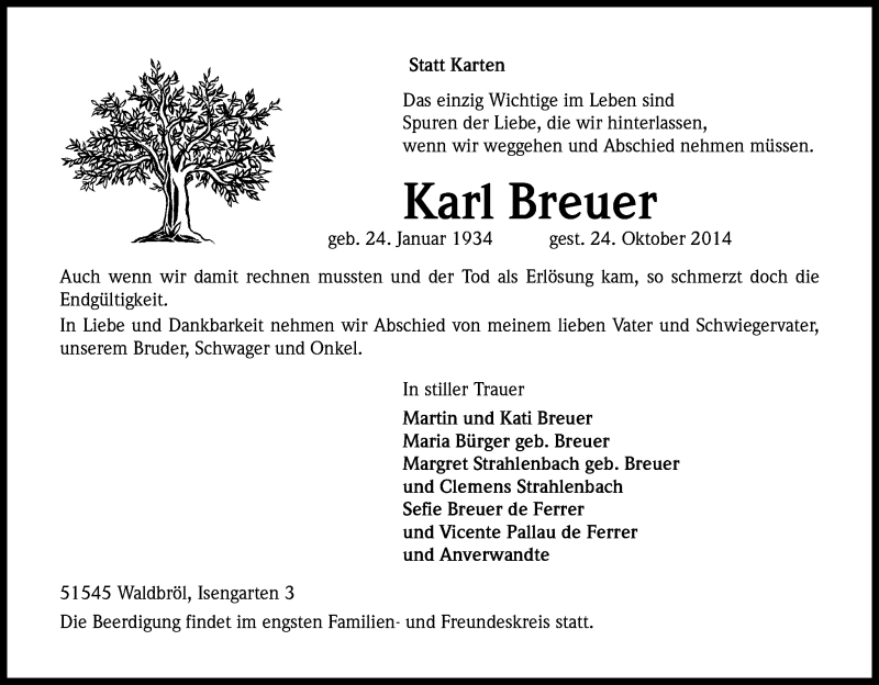  Traueranzeige für Karl Breuer vom 28.10.2014 aus Kölner Stadt-Anzeiger / Kölnische Rundschau / Express