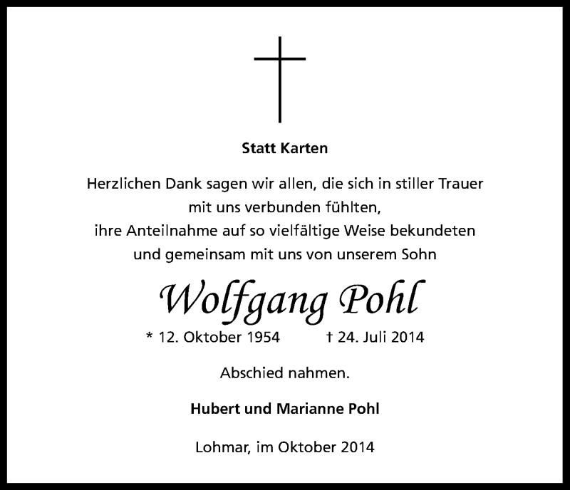  Traueranzeige für Wolfgang Pohl vom 01.11.2014 aus Kölner Stadt-Anzeiger / Kölnische Rundschau / Express