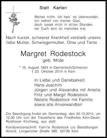 Anzeige von Margret Rodestock von Kölner Stadt-Anzeiger / Kölnische Rundschau / Express