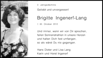 Anzeige von Brigitte Ingenerf-Lang von Kölner Stadt-Anzeiger / Kölnische Rundschau / Express