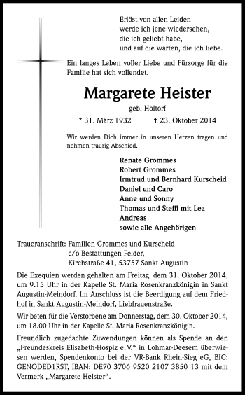 Anzeige von Margarete Heister von Kölner Stadt-Anzeiger / Kölnische Rundschau / Express