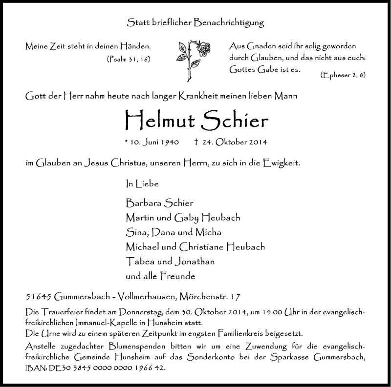  Traueranzeige für Helmut Schier vom 28.10.2014 aus Kölner Stadt-Anzeiger / Kölnische Rundschau / Express