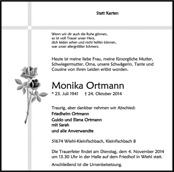 Anzeige von Monika Ortmann von Kölner Stadt-Anzeiger / Kölnische Rundschau / Express