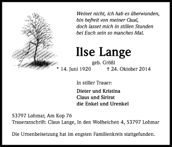 Anzeige von Ilse Lange von Kölner Stadt-Anzeiger / Kölnische Rundschau / Express