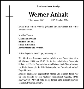 Anzeige von Werner Anhalt von Kölner Stadt-Anzeiger / Kölnische Rundschau / Express