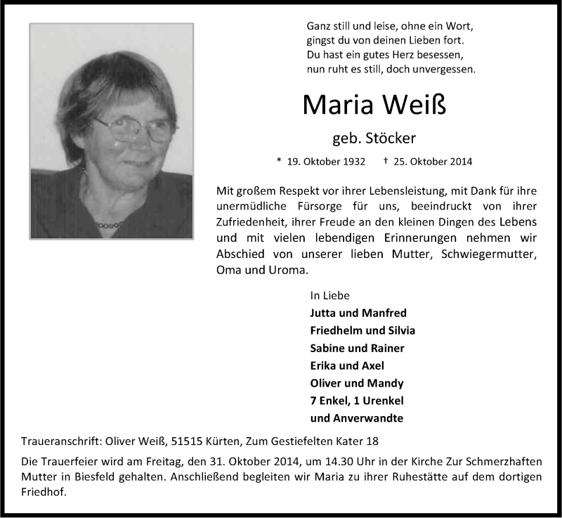 Traueranzeige für Maria Weiß vom 28.10.2014 aus Kölner Stadt-Anzeiger / Kölnische Rundschau / Express