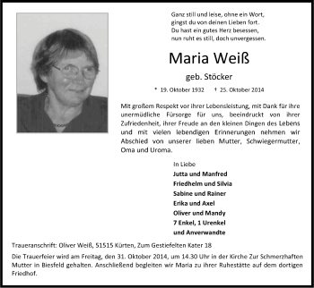 Anzeige von Maria Weiß von Kölner Stadt-Anzeiger / Kölnische Rundschau / Express