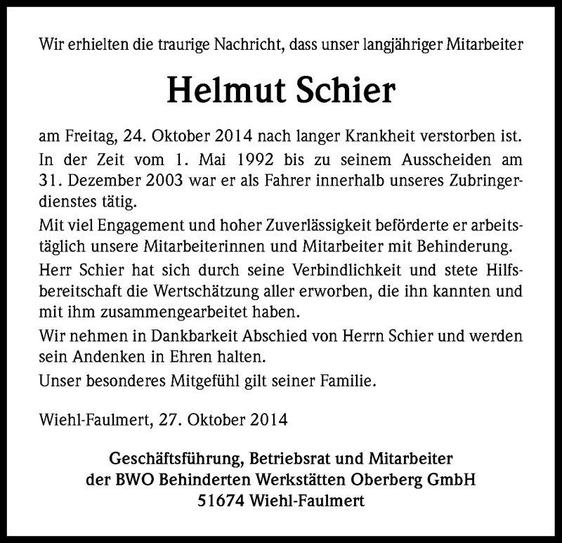  Traueranzeige für Helmut Schier vom 28.10.2014 aus Kölner Stadt-Anzeiger / Kölnische Rundschau / Express