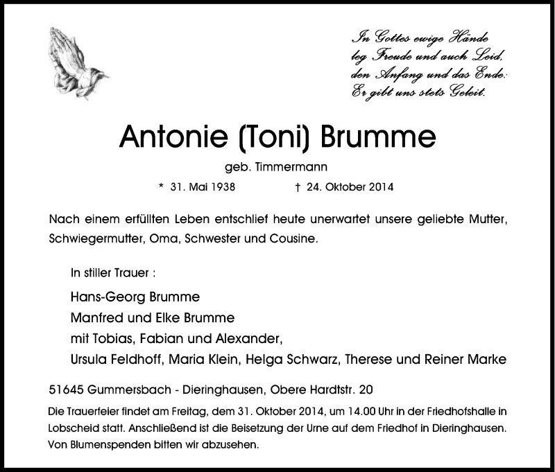  Traueranzeige für Antonie Brumme vom 28.10.2014 aus Kölner Stadt-Anzeiger / Kölnische Rundschau / Express