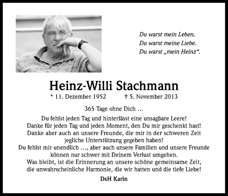  Traueranzeige für Heinz-Willi Stachmann vom 05.11.2014 aus Kölner Stadt-Anzeiger / Kölnische Rundschau / Express