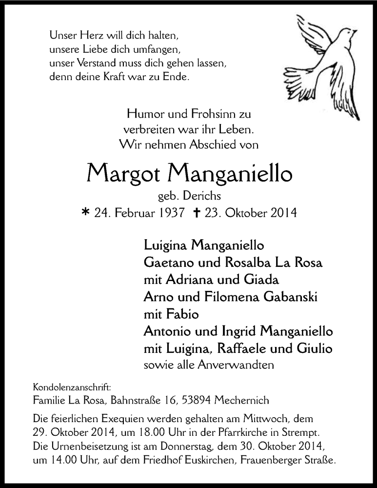  Traueranzeige für Margot Manganiello vom 28.10.2014 aus Kölner Stadt-Anzeiger / Kölnische Rundschau / Express