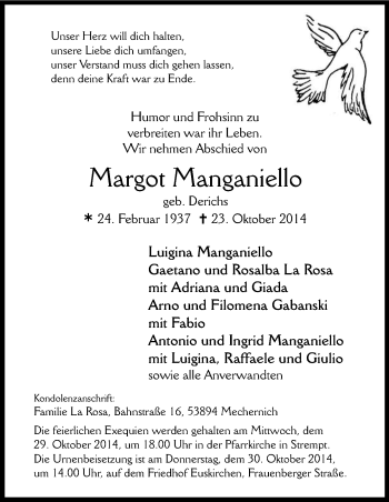 Anzeige von Margot Manganiello von Kölner Stadt-Anzeiger / Kölnische Rundschau / Express
