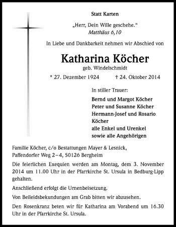 Anzeige von Katharina Köcher von Kölner Stadt-Anzeiger / Kölnische Rundschau / Express