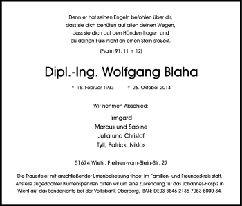 Anzeige von Wolfgang Blaha von Kölner Stadt-Anzeiger / Kölnische Rundschau / Express