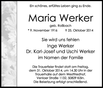 Anzeige von Maria Werker von Kölner Stadt-Anzeiger / Kölnische Rundschau / Express