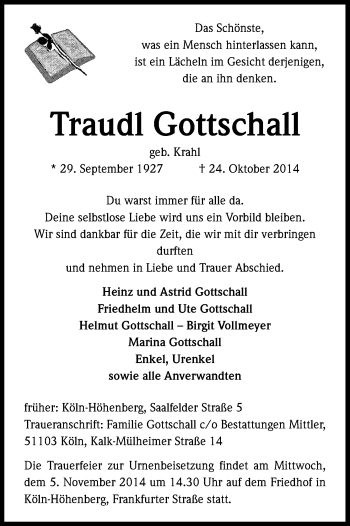 Anzeige von Traudl Gottschall von Kölner Stadt-Anzeiger / Kölnische Rundschau / Express