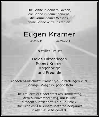 Anzeige von Eugen Kramer von Kölner Stadt-Anzeiger / Kölnische Rundschau / Express