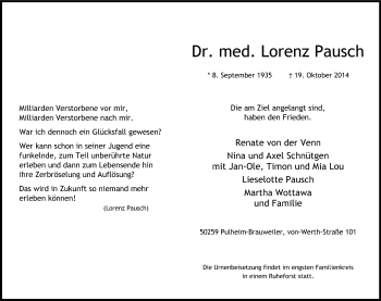 Anzeige von Lorenz Pausch von Kölner Stadt-Anzeiger / Kölnische Rundschau / Express